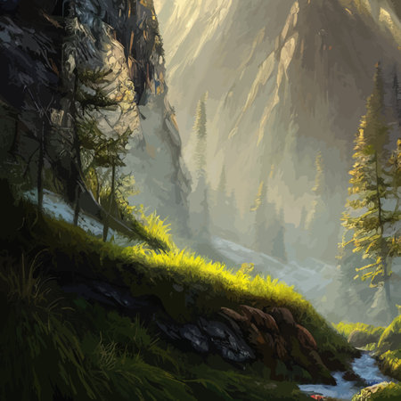 Nature and landscape. illustration trees, forests, mountains, plants. Image for background, card or coverの素材