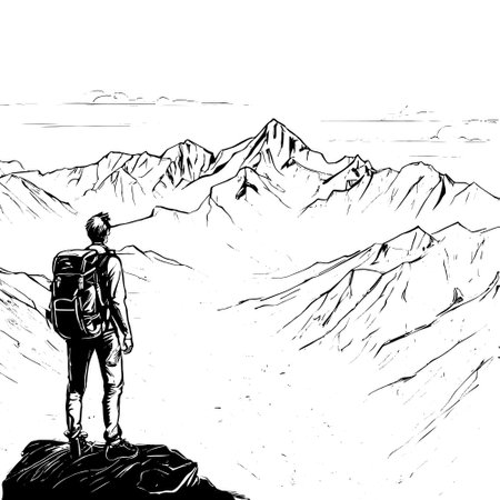 tourist with backpack vector sketch illustration. Sketch of a man with a backpack on the top of a mountain Hand drawn vector illustrationのイラスト素材