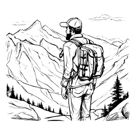 tourist with backpack vector sketch illustration. Sketch of a man with a backpack on the top of a mountain Hand drawn vector illustrationのイラスト素材
