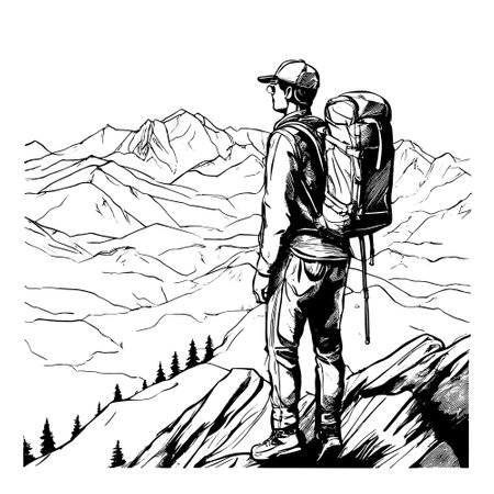 tourist with backpack vector sketch illustration. Sketch of a man with a backpack on the top of a mountain Hand drawn vector illustrationのイラスト素材