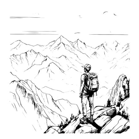 tourist with backpack vector sketch illustration. Sketch of a man with a backpack on the top of a mountain Hand drawn vector illustrationのイラスト素材