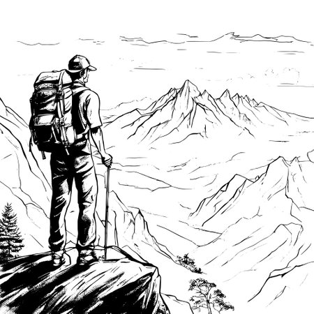 tourist with backpack vector sketch illustration. Sketch of a man with a backpack on the top of a mountain Hand drawn vector illustrationのイラスト素材