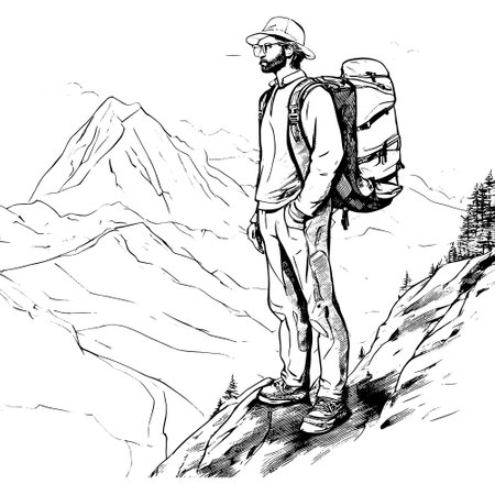 tourist with backpack vector sketch illustration. Sketch of a man with a backpack on the top of a mountain Hand drawn vector illustrationのイラスト素材