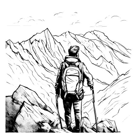 tourist with backpack vector sketch illustration. Sketch of a man with a backpack on the top of a mountain Hand drawn vector illustrationのイラスト素材