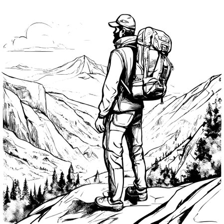 tourist with backpack vector sketch illustration. Sketch of a man with a backpack on the top of a mountain Hand drawn vector illustrationのイラスト素材