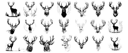 deer portrait isolated black and white vector background.のイラスト素材