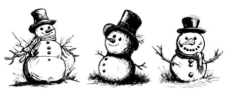 Snowmen engraved in sketch style. Hand drawn drawing with a snowman. Vector illustration. Snowmen collectionのイラスト素材