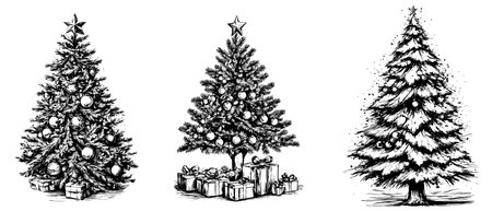 Vector Christmas tree symbol for Christmas winter. Contour drawing isolated on a white background. Christmas tree and giftsのイラスト素材