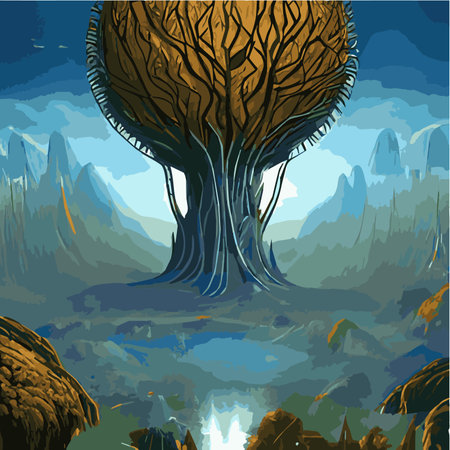 A surreal landscape with abstract trees and clouds melting islands off ground. illustrationの素材