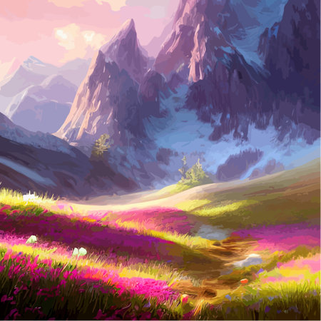 Spring landscape in village with green field and sunset, flat cartoon countryside with mountain and forest, blue sky, natural scene in countryside, sunny day summer.の素材
