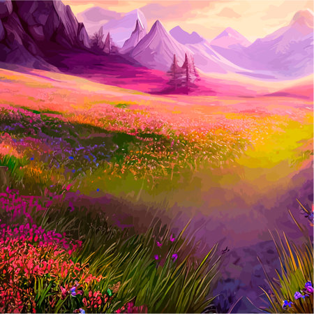 Spring landscape in village with green field and sunset, flat cartoon countryside with mountain and forest, blue sky, natural scene in countryside, sunny day summer.の素材