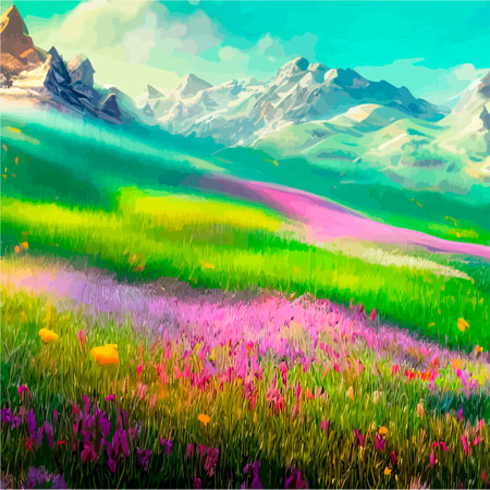 Spring landscape in village with green field and sunset, flat cartoon countryside with mountain and forest, blue sky, natural scene in countryside, sunny day summer.の素材