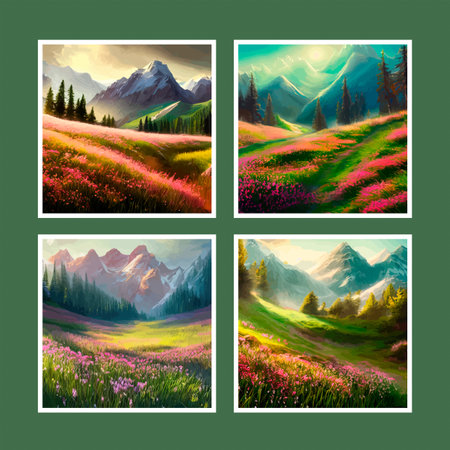 Spring landscape in village with green field and sunset set of four posters, flat cartoon countryside with mountain and forest, blue sky, natural countryside scene, sunny day summer.の素材
