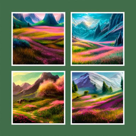 Spring landscape in village with green field and sunset set of four posters, flat cartoon countryside with mountain and forest, blue sky, natural countryside scene, sunny day summer.の素材