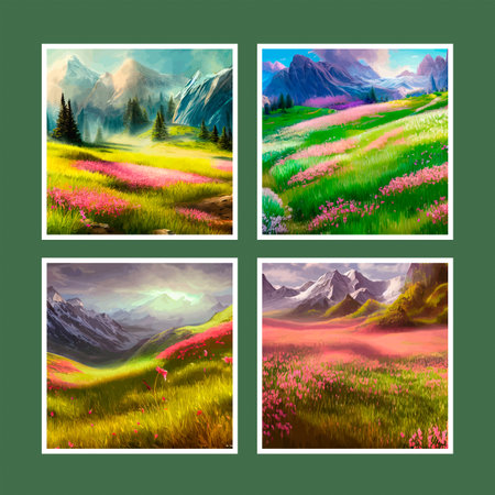 Spring landscape in village with green field and sunset set of four posters, flat cartoon countryside with mountain and forest, blue sky, natural countryside scene, sunny day summer.の素材