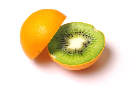 Orange with kiwi inside isolated on white  の写真素材