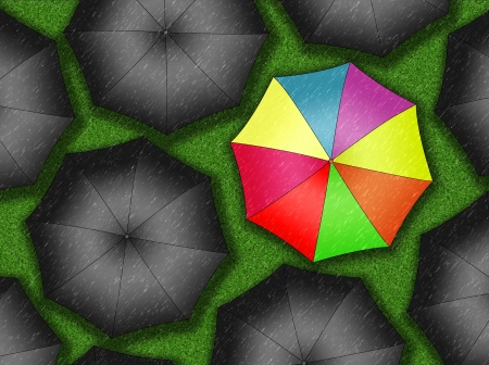Many colors umbrella  Bright umbrella among set of black umbrellas  の写真素材