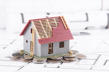 Tiny house stands on coins. The concept of banking, loans, expenses.の写真素材
