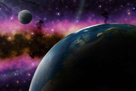 Earth as seen from space. Behind her, the moon and the galaxy