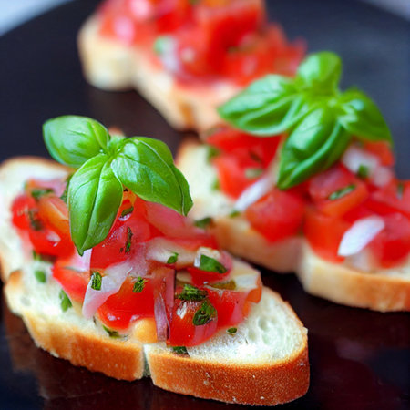 Italian tomato bruschetta with chopped vegetablesの写真素材