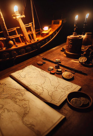 An old woody table set with maps, dawn, gold. captain's cabin, pirateの写真素材