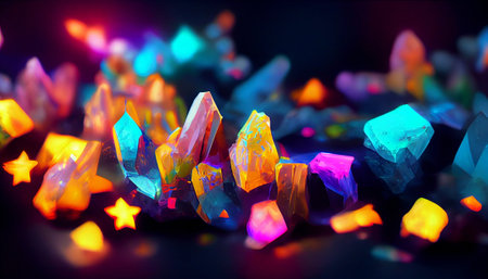 Beautiful rainbow colored gems crystals on a black background.の写真素材