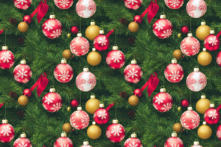 christmas tiled decorative background texture with red christmas tree balls and white snowflakes.の写真素材