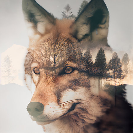 double exposure. Pictures of wolves and forestの写真素材