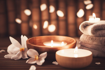 Composition in the spa. Candles, flowers, aromatherapy.の写真素材