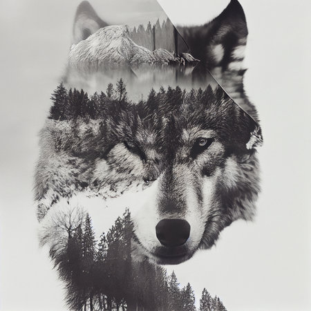double exposure. Pictures of wolves and forestの写真素材