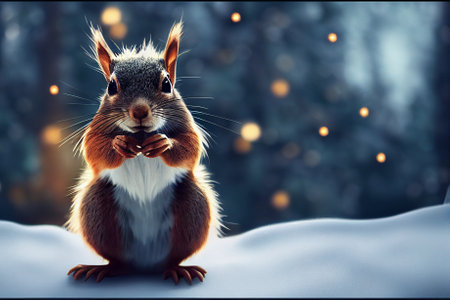 A squirrel in the snow in a Christmas setting.の写真素材