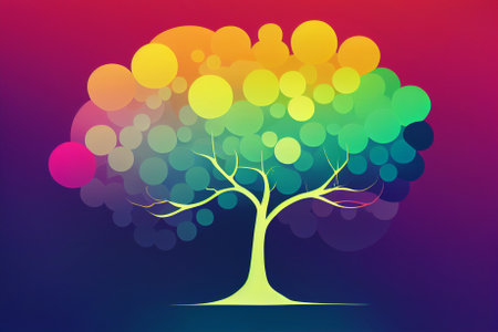 Drawn abstract colorful tree. Leaves made of circlesの写真素材