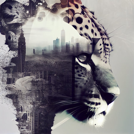 double exposure. Pictures of the cheetah and the cityの写真素材