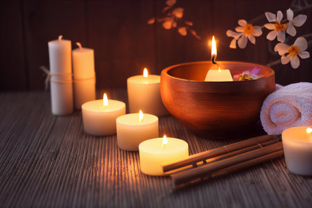 Composition in the spa. Candles, flowers, aromatherapy.の写真素材