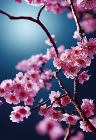 Close-up of a blooming cherry tree on a blue backgroundの写真素材