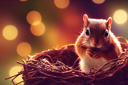Squirrel inside the nest. Autumn warm colors. Nice bokehの写真素材