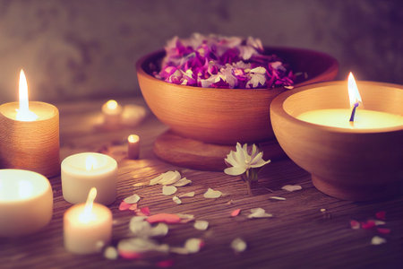 Composition in the spa. Candles, flowers, aromatherapy.の写真素材