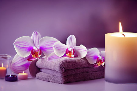 Composition in the spa. Candles, flowers, aromatherapy.の写真素材