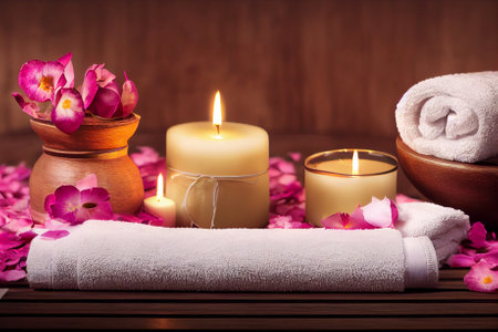 Composition in the spa. Candles, flowers, aromatherapy.の写真素材