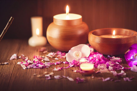 Composition in the spa. Candles, flowers, aromatherapy.の写真素材