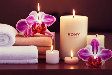 Composition in the spa. Candles, flowers, aromatherapy.の写真素材