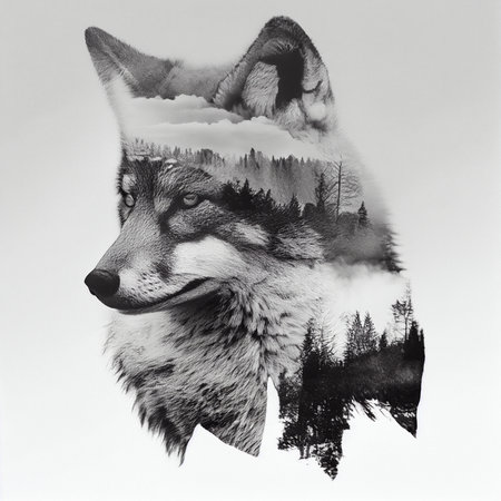 double exposure. Pictures of wolves and forestの写真素材