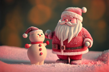 Small plastic figures of a snowman and Santa in a pink-red glowの写真素材
