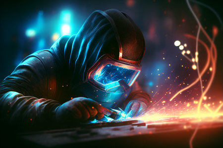 Welder repairs broken components, machine parts. Visible spark trace. Ai create.の写真素材