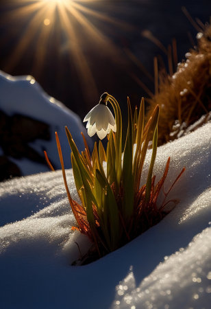 Snowdrops blooming in the winter mountains.の写真素材