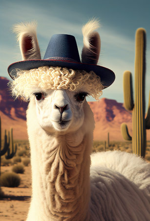 Funny alpaca in a hat. realistic photo. Ai generativeの写真素材