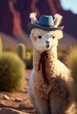 Funny alpaca in a hat. realistic photo. Ai generativeの写真素材