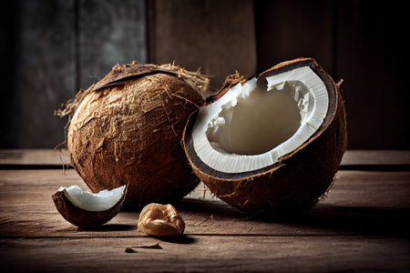 Two coconuts on a rustic table.の写真素材