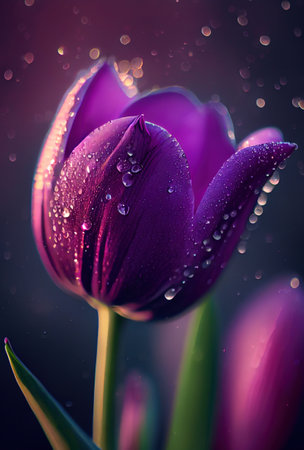Raindrops on a purple tulip. Ai generative.