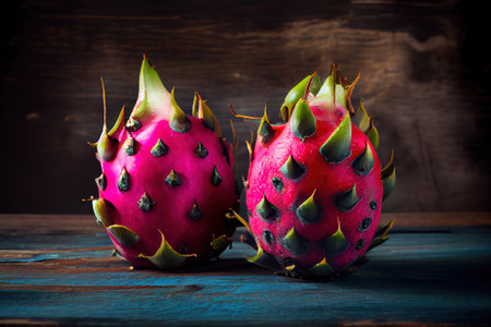 Dragon fruits on a rustic table.の写真素材
